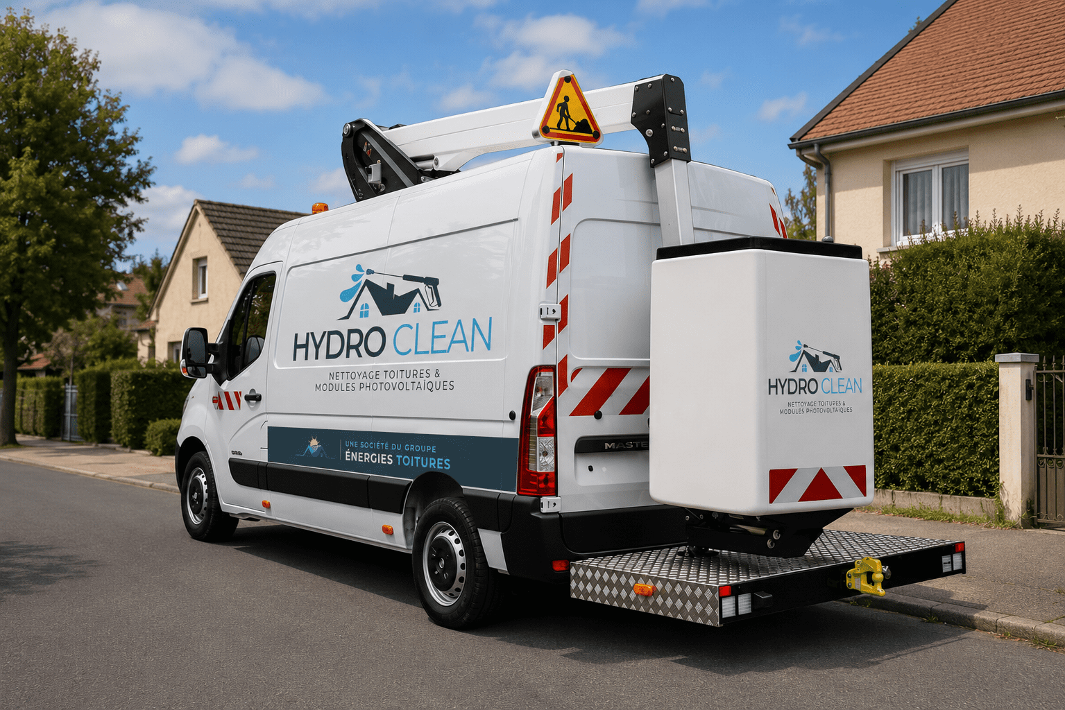 Technicien Hydro Clean avec perche télescopique et nacelle